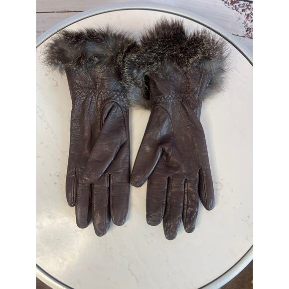 Wilsons Leather VINTAGE women dark brown gloves genuine rabbit fur cuffs Small - Picture 3 of 9